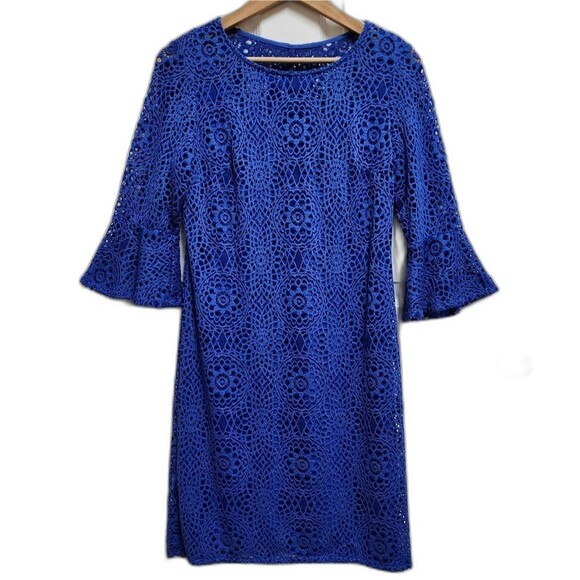 Leslie Fay Dress 6 Blue Floral Crochet Lace Bell Slv Lined Boho Coastal Grandma - Picture 1 of 10